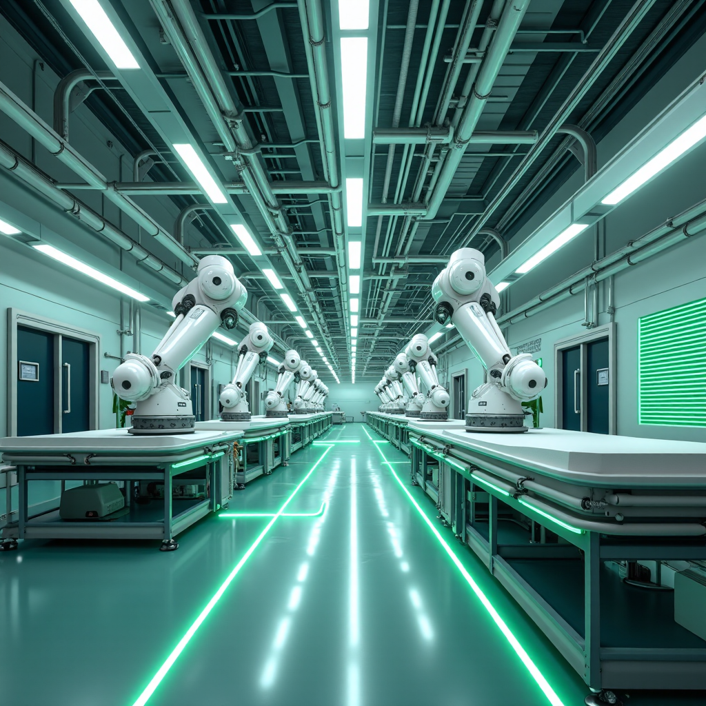 AI Manufacturing Safety Dashboard — Real-time precision monitoring interface showing robotic assembly line with teal glowing safety overlays and quality metrics